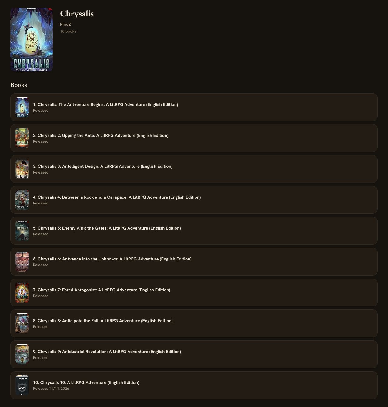 A Kindle Watchlist series page showing released books and an upcoming volume with its date
