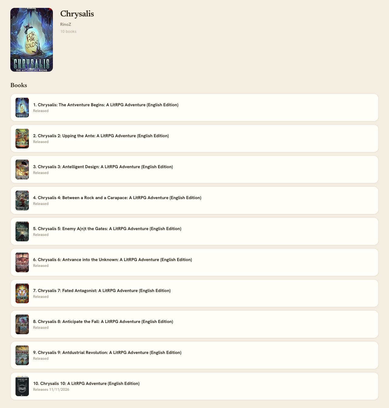 A Kindle Watchlist series page showing released books and an upcoming volume with its date