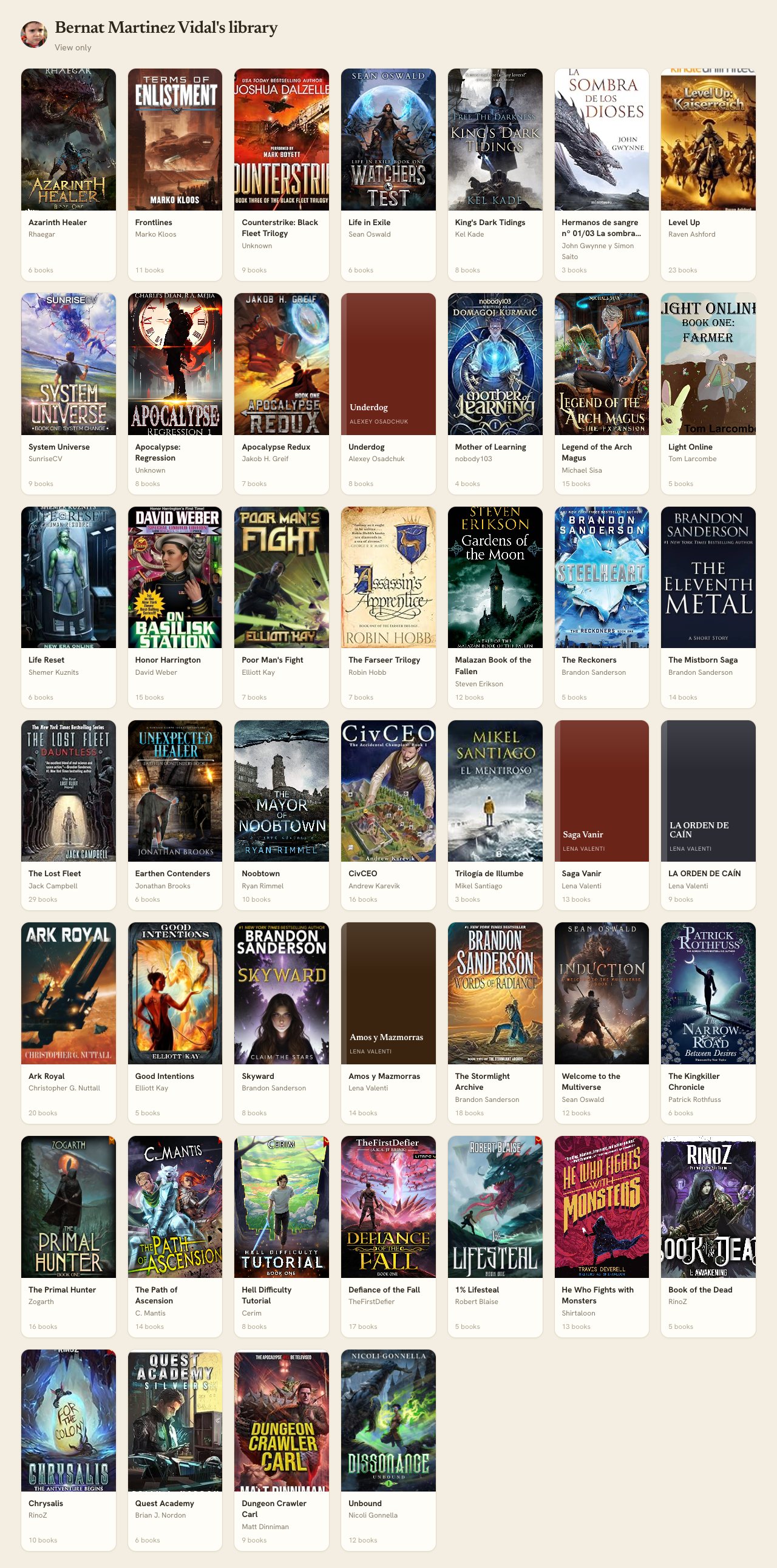 The Kindle Watchlist library with series covers, reading progress, and a New badge