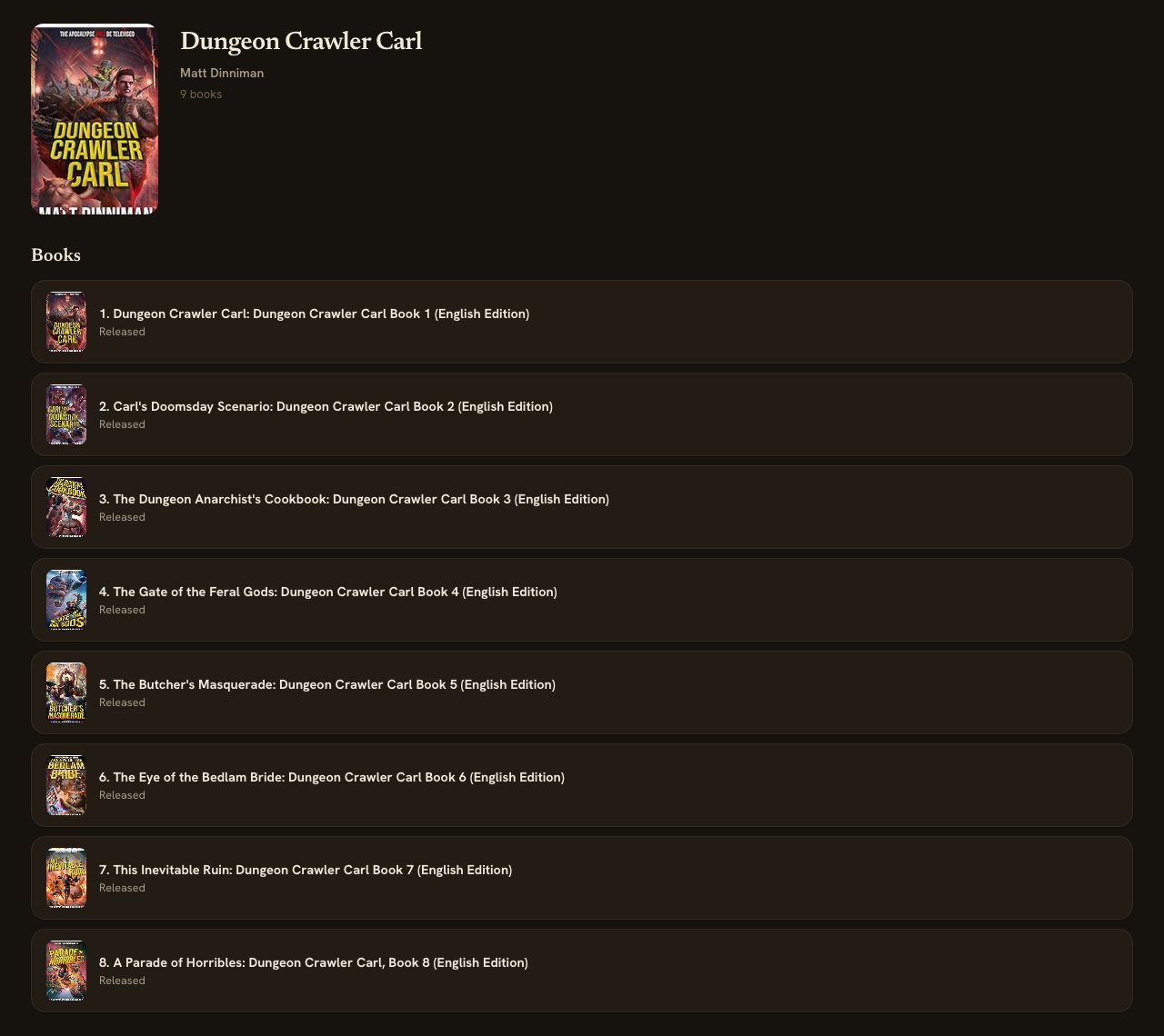 A series page in Kindle Watchlist showing which books are read, reading, or still waiting