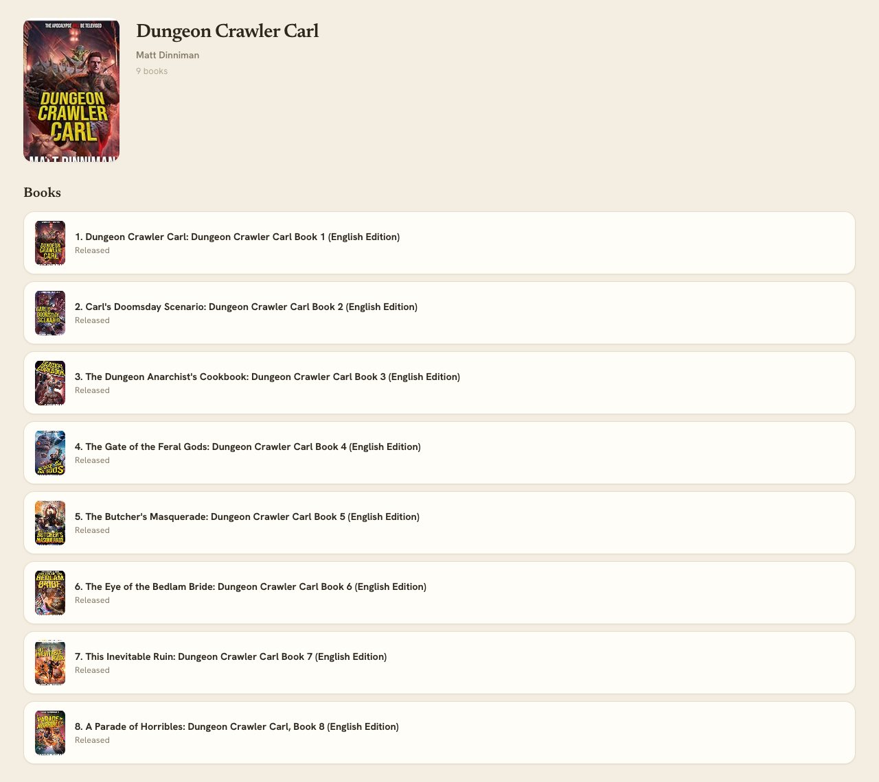 A series page in Kindle Watchlist showing which books are read, reading, or still waiting